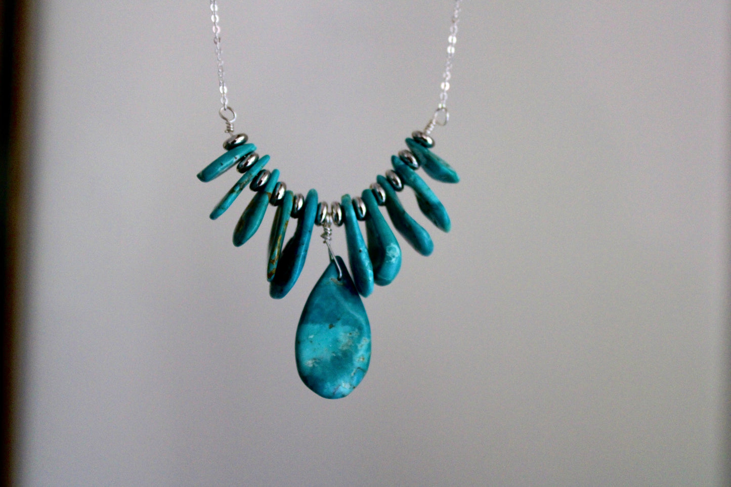 Turquoise Bead Necklace-Sterling Silver