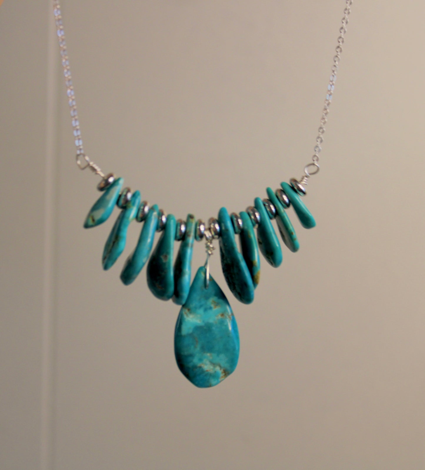 Turquoise Bead Necklace-Sterling Silver