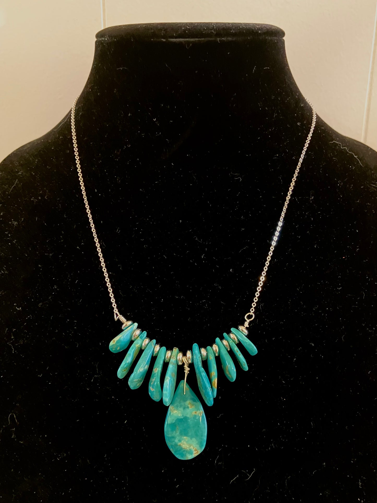 Turquoise Bead Necklace-Sterling Silver