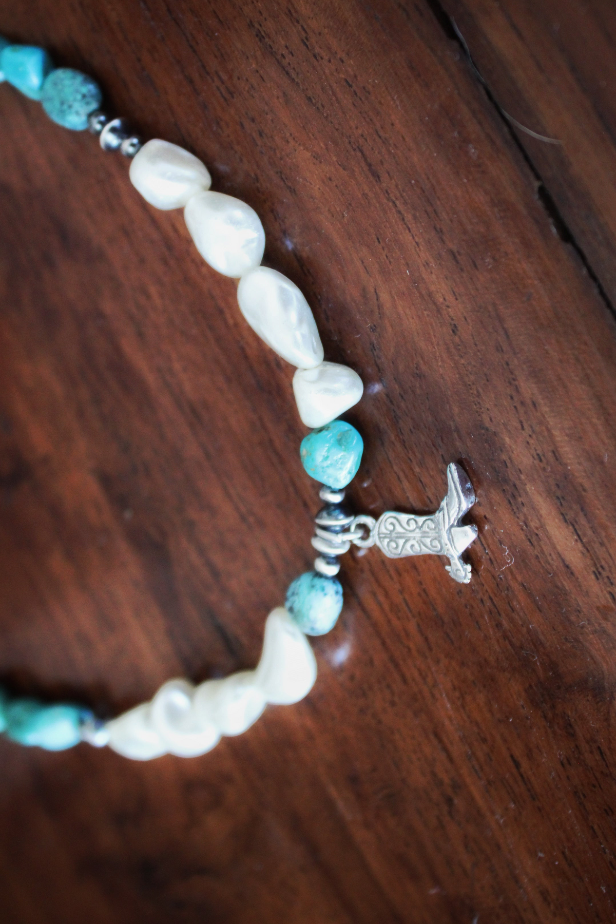 Turquoise and pearl necklace with cowboy boot charm