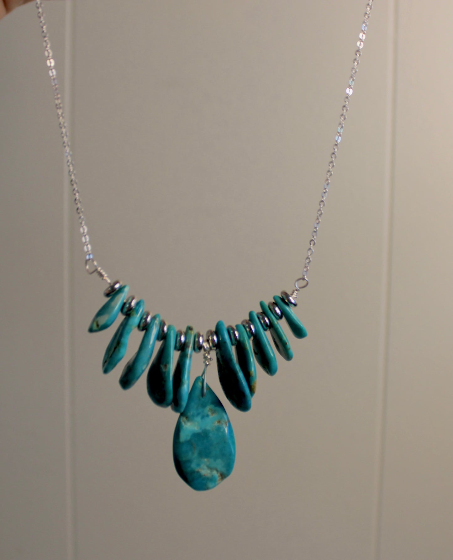 Turquoise Bead Necklace-Sterling Silver