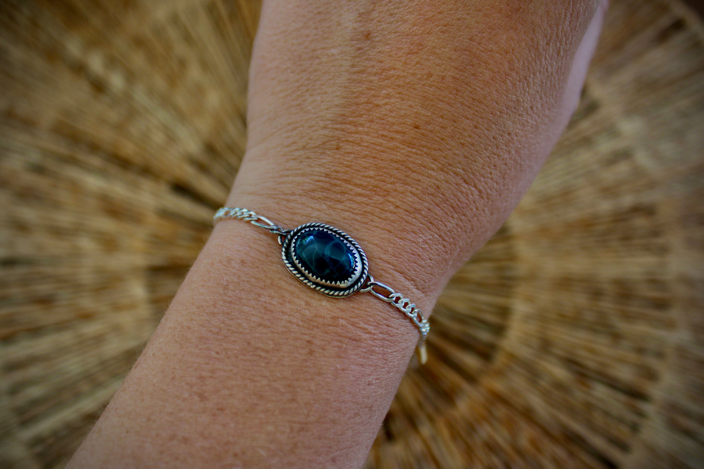 Obsidian Sterling Silver Bracelet with Figaro Chain