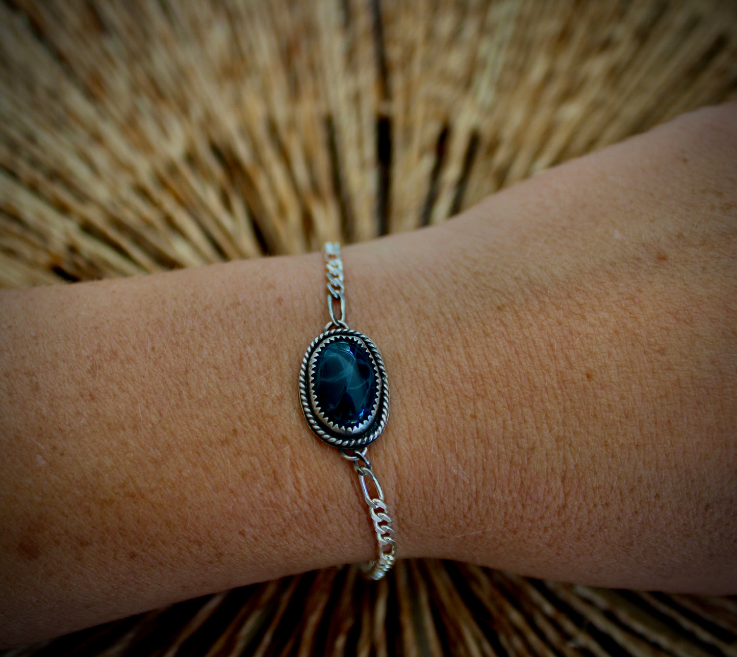 Obsidian Sterling Silver Bracelet with Figaro Chain