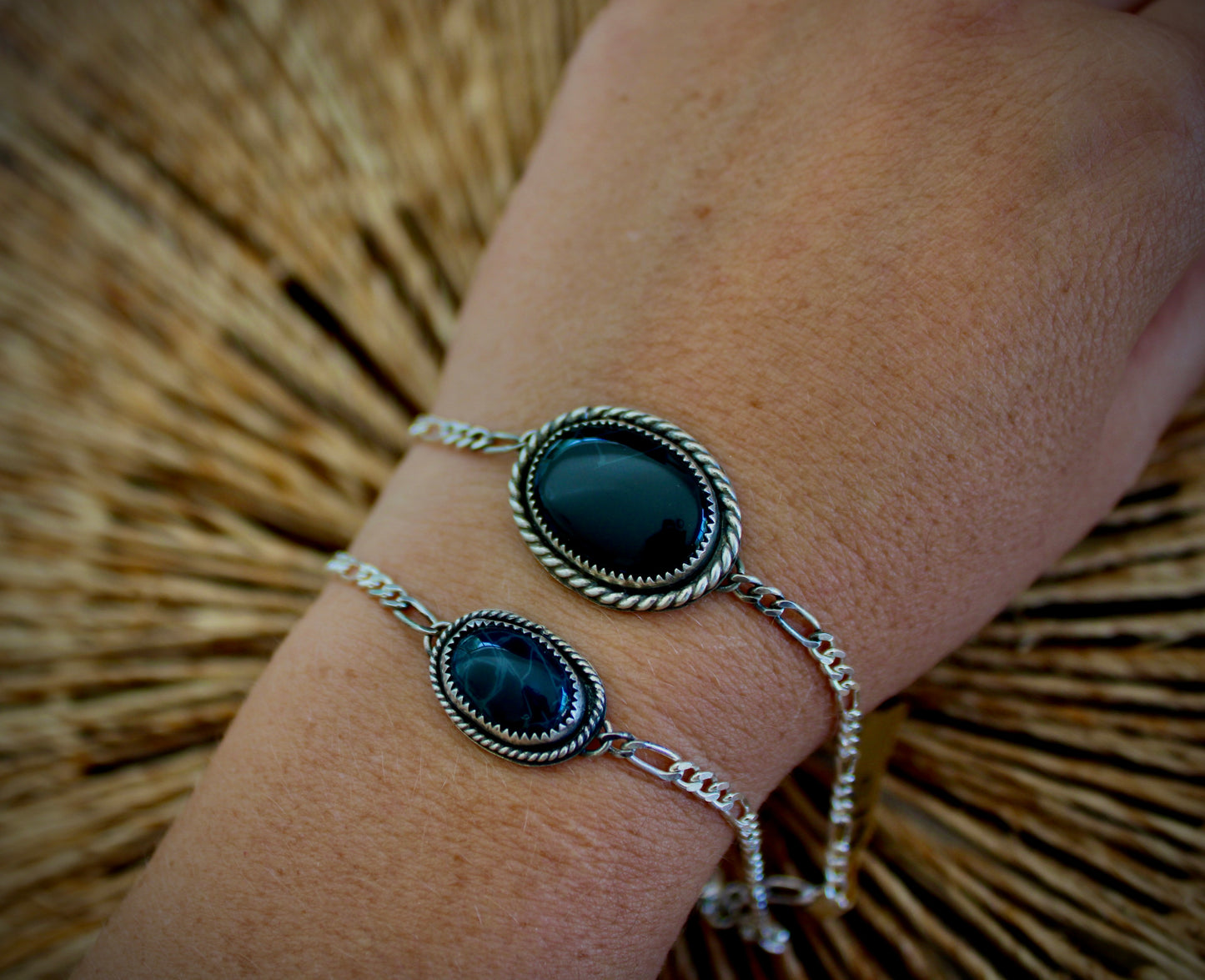 Obsidian Sterling Silver Bracelet with Figaro Chain