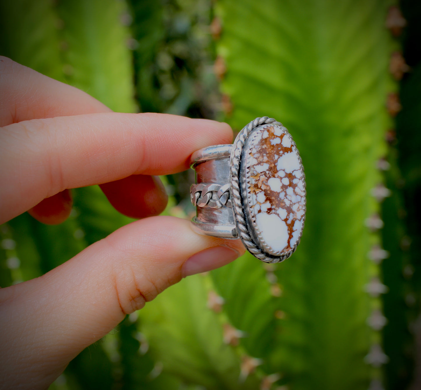 Size 11- Wild Horse Turquoise Statement Ring with Curb Chain