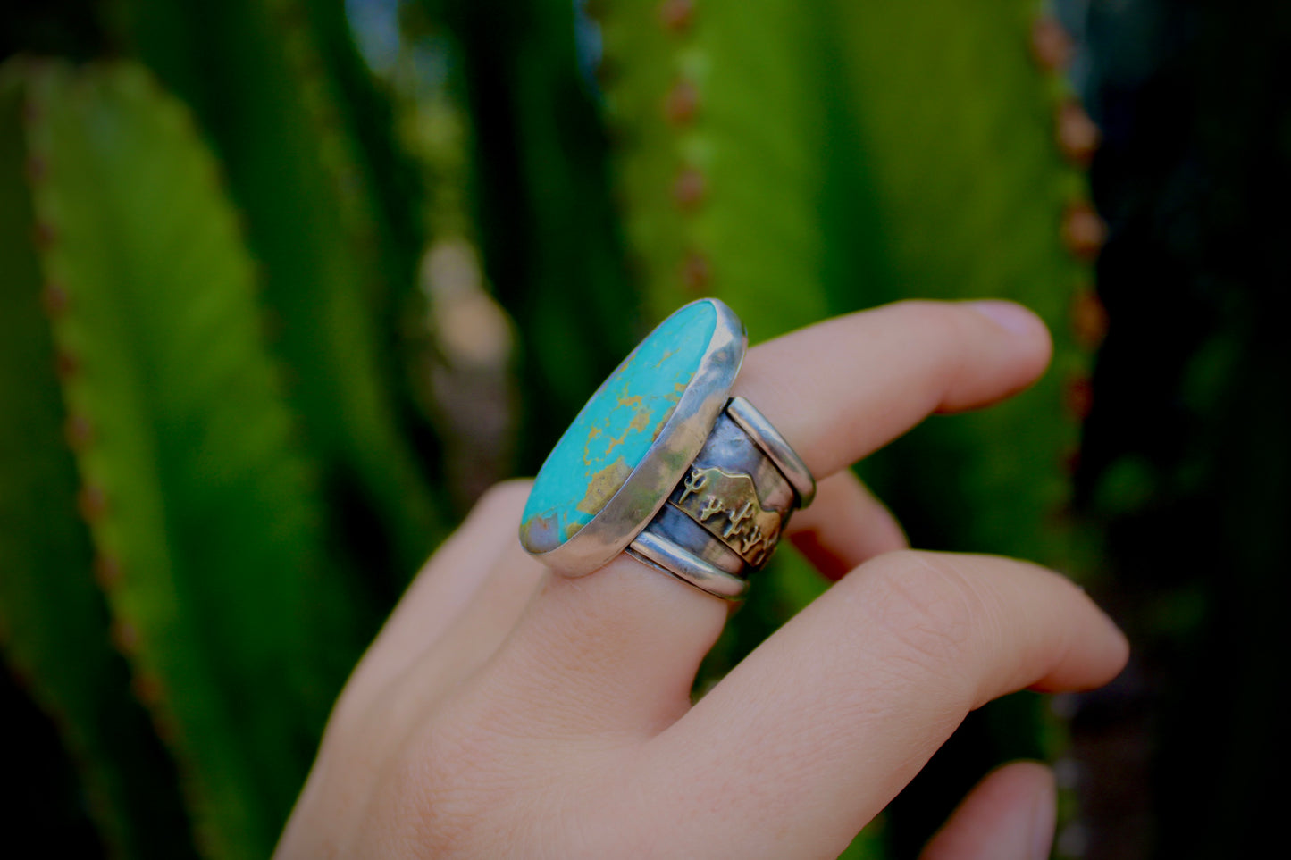 Size 7.5-Cactus Turquoise Sterling Silver Statement Ring