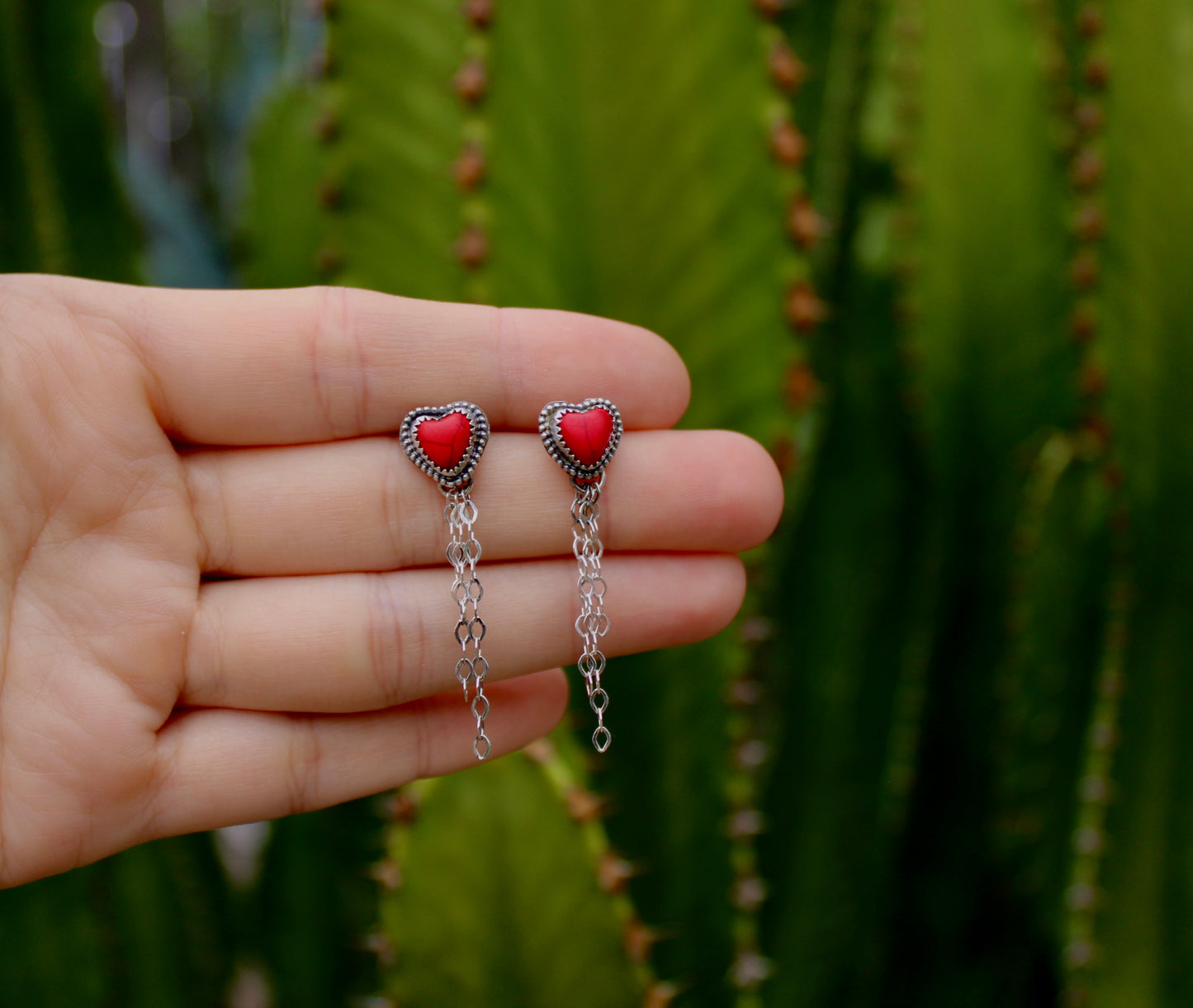 Red Howlite Heart Earring studs with tassel