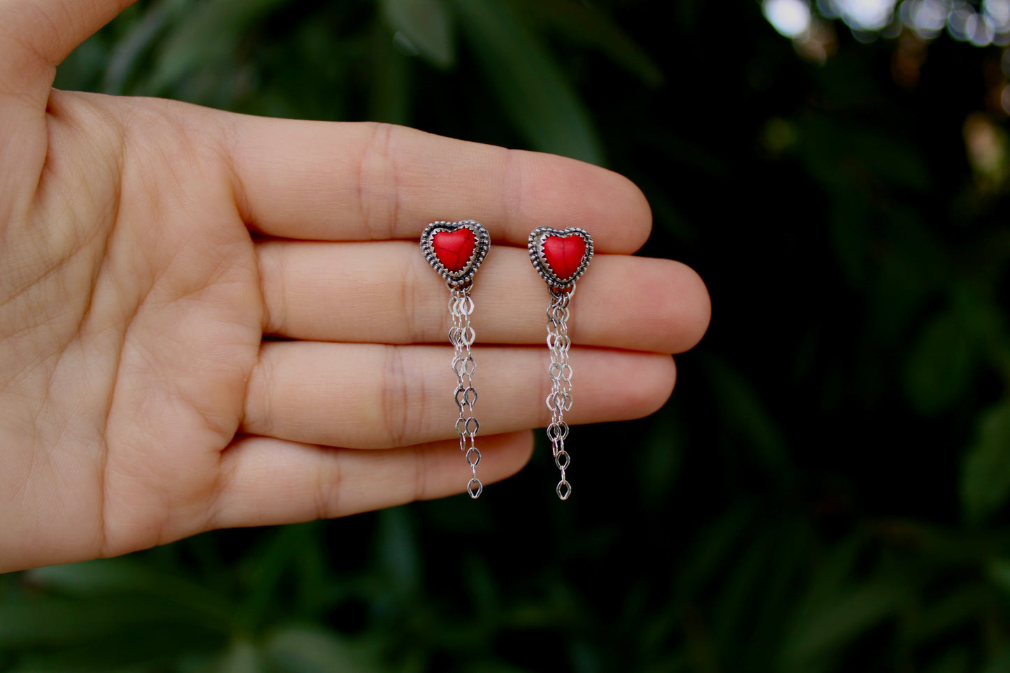 Red Howlite Heart Earring studs with tassel