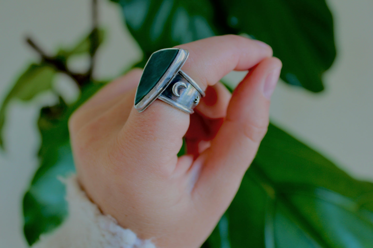 Size 7.5-Wave Jasper Ring with Moon and Star Ring band