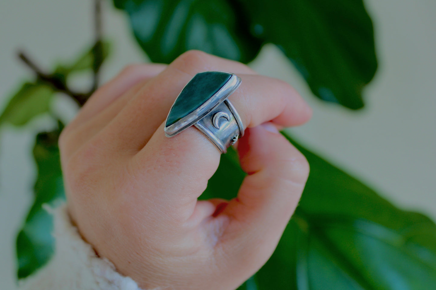 Size 7.5-Wave Jasper Ring with Moon and Star Ring band