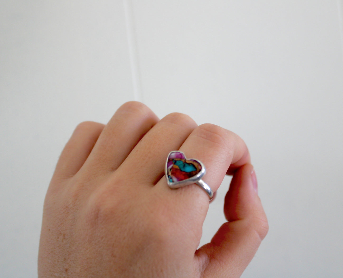 Pink Dahlia Heart Turquoise Ring- Size 8