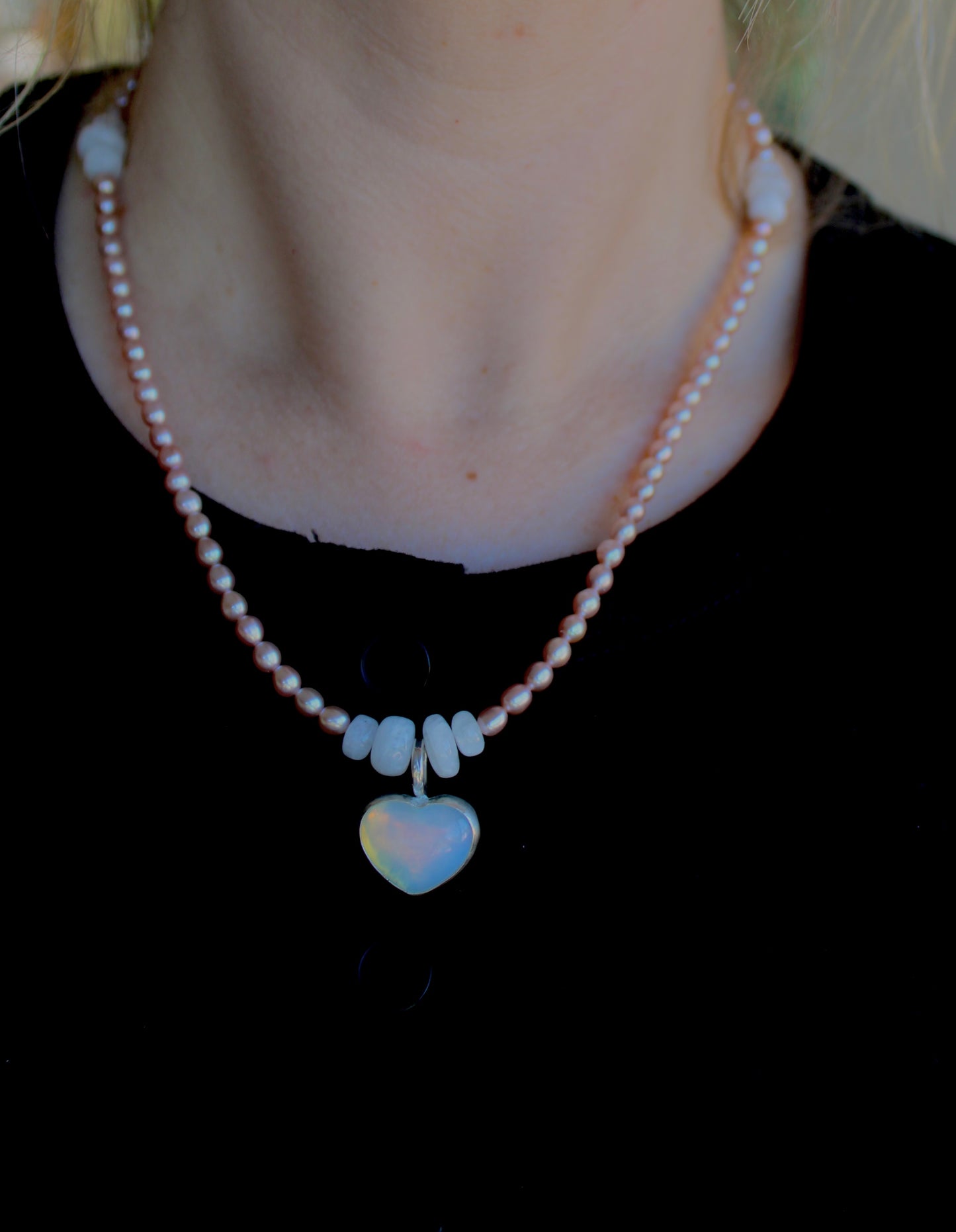Pink Freshwater Pearl Necklace with Opalite Heart Pendant