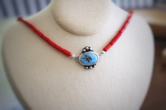 Coral beaded Necklace with Golden Hills Turquoise