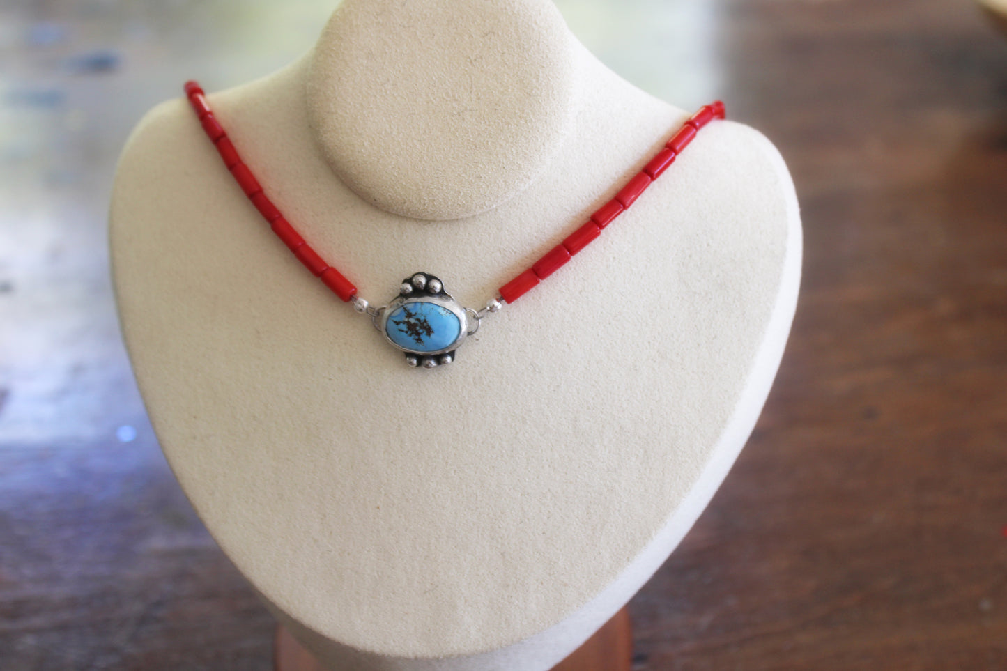 Coral beaded Necklace with Golden Hills Turquoise