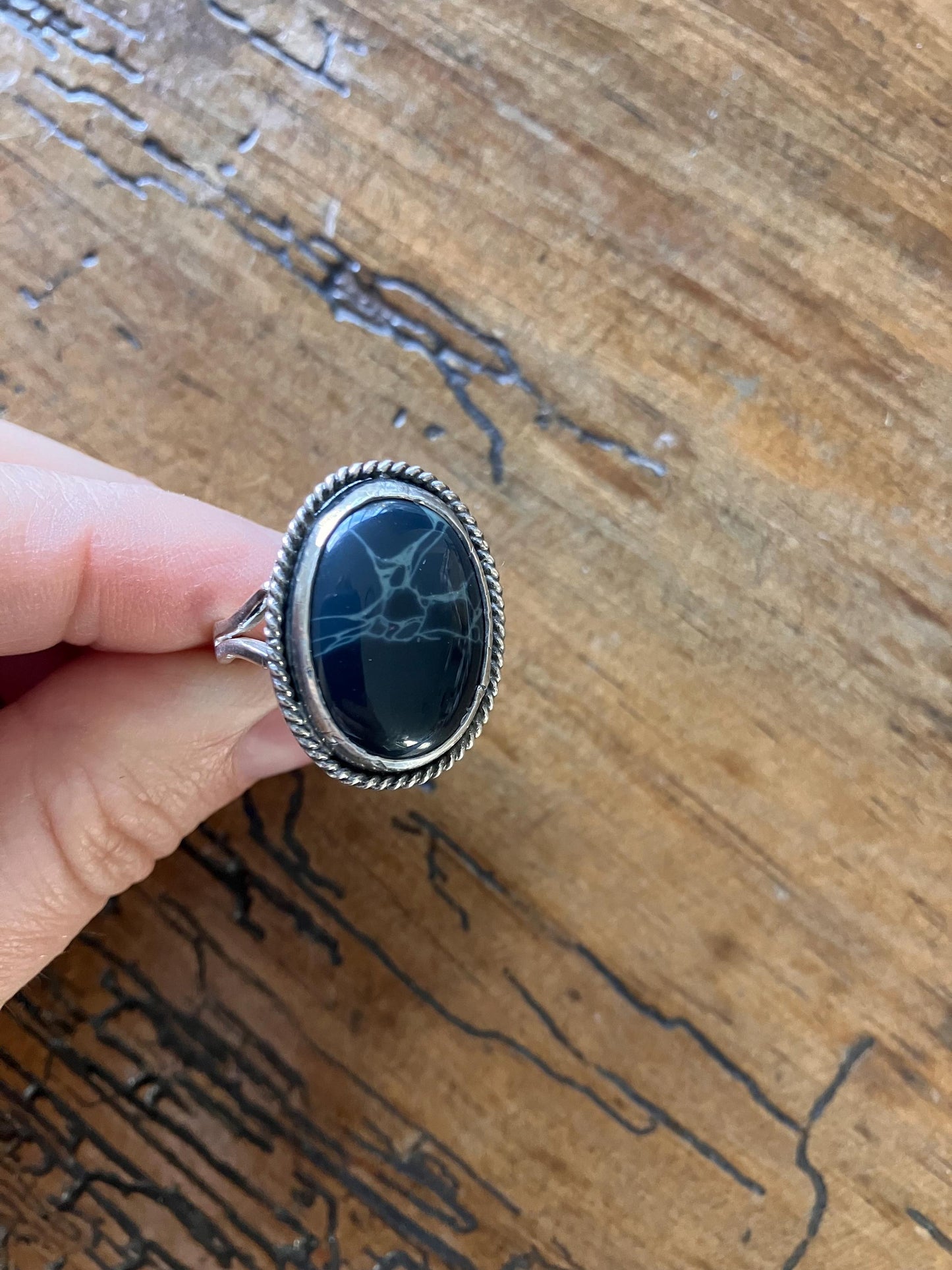 Size 9 -Sterling Silver Spiderweb Obsidian Ring