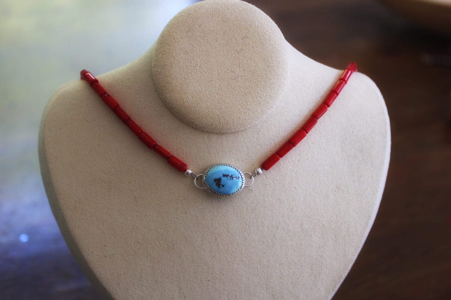 Coral Beaded Necklace with Golden Hills Turquoise