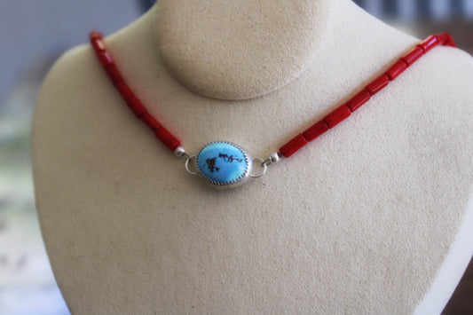 Coral Beaded Necklace with Golden Hills Turquoise