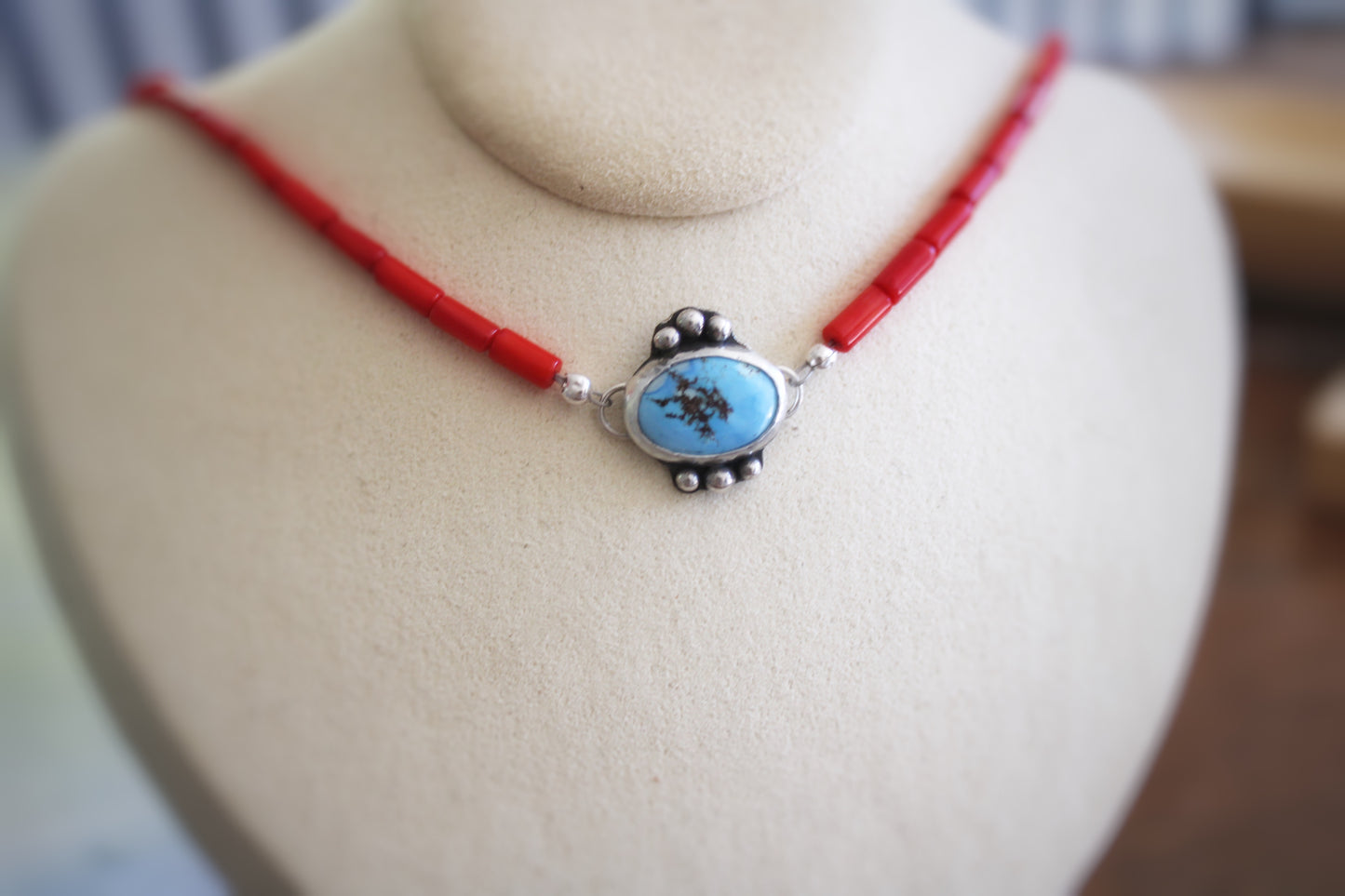 Coral beaded Necklace with Golden Hills Turquoise