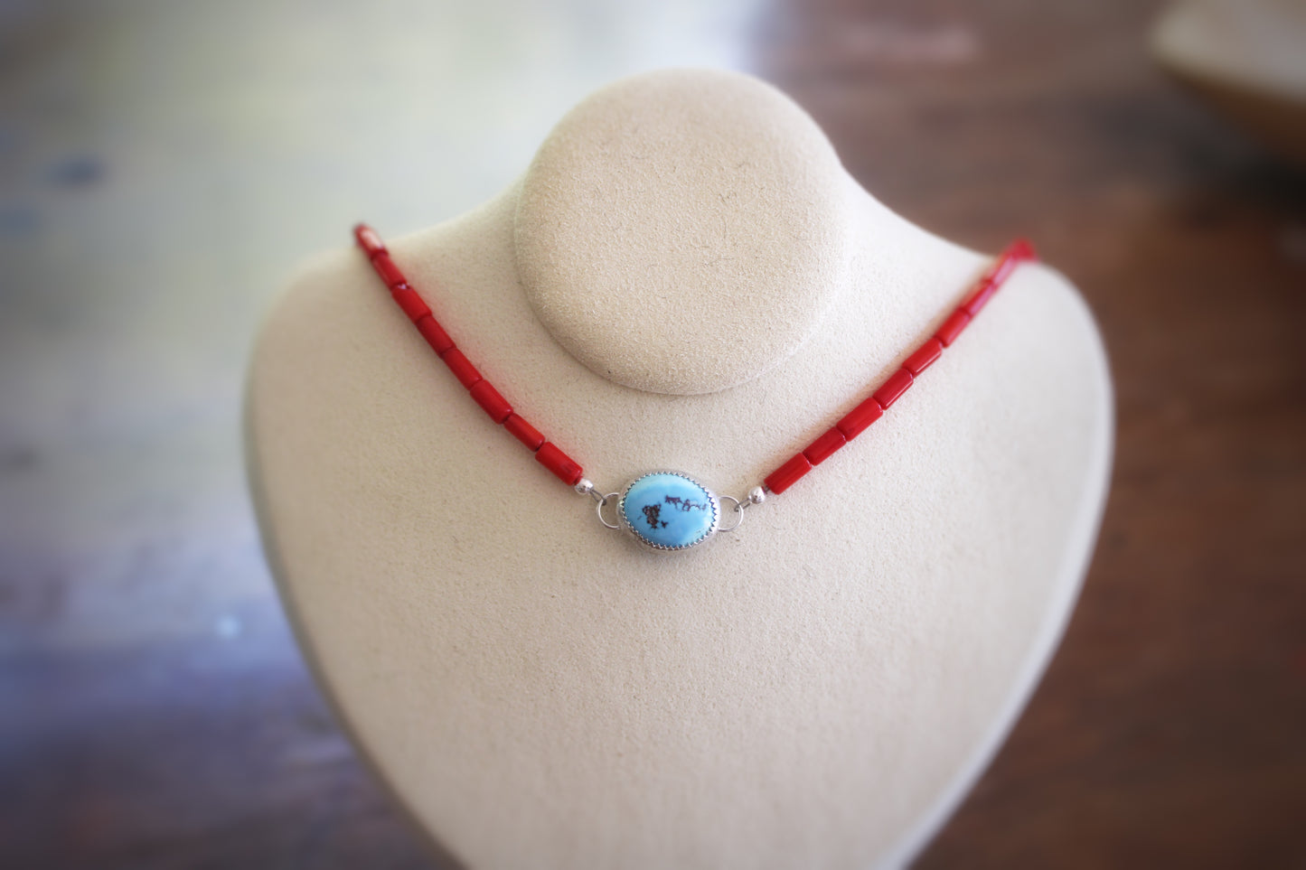 Coral Beaded Necklace with Golden Hills Turquoise