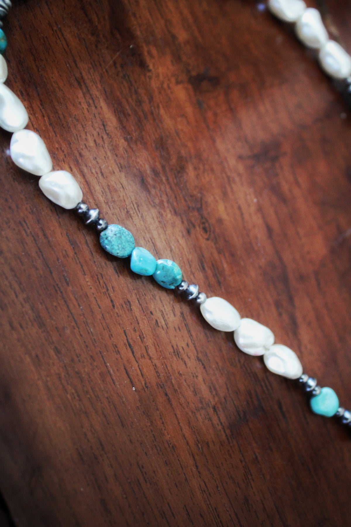 Turquoise and pearl necklace with cowboy boot charm