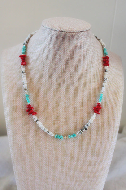 Coral, Royston and White Buffalo Beaded Necklace