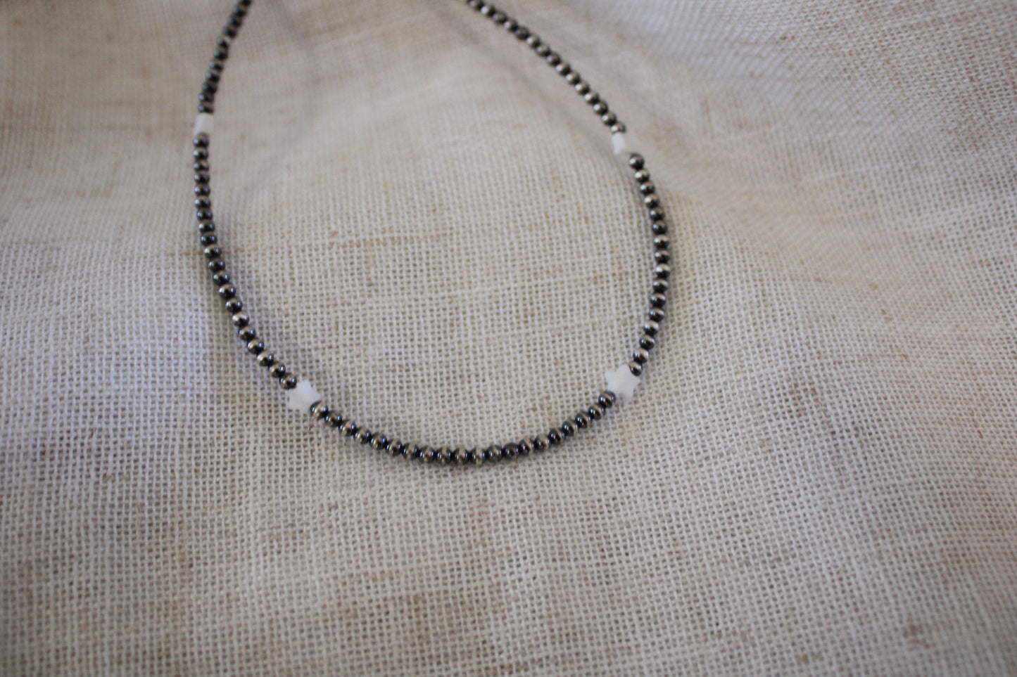 Sterling Silver Beaded Necklace with White Onyx Hearts