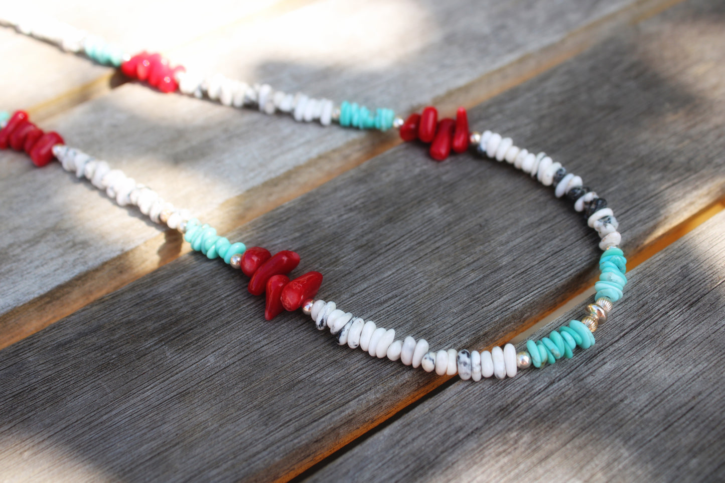 Coral, Royston and White Buffalo Beaded Necklace