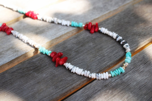 Coral, Royston and White Buffalo Beaded Necklace