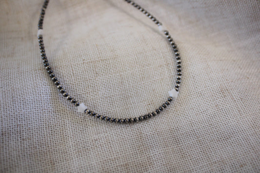 Sterling Silver Beaded Necklace with White Onyx Hearts