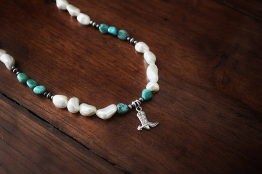 Turquoise and pearl necklace with cowboy boot charm
