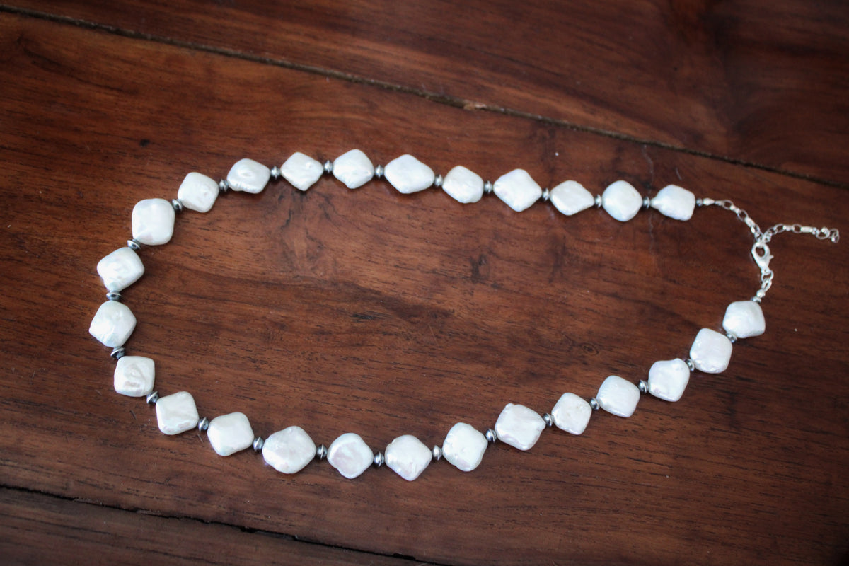Diamond Pearl Neckace with Sterling Silver Beads