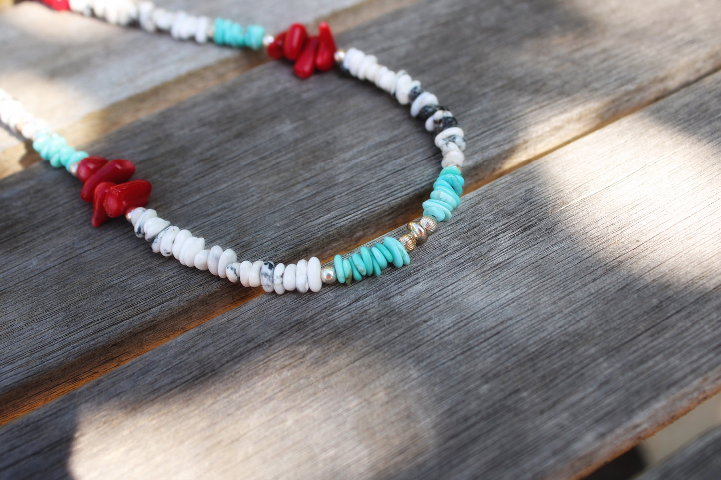 Coral, Royston and White Buffalo Beaded Necklace