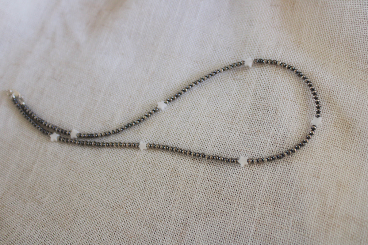 Sterling Silver Beaded Necklace with White Onyx Hearts