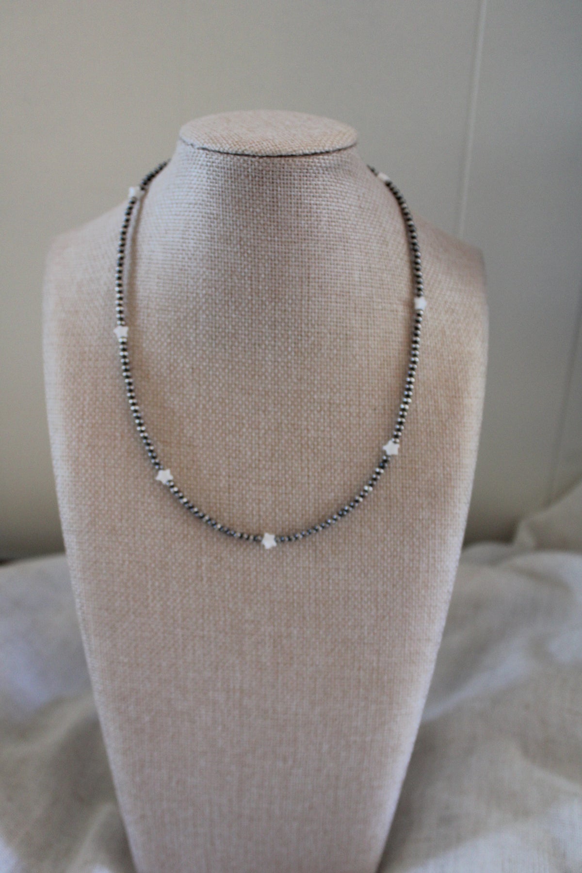 Sterling Silver Beaded Necklace with White Onyx Hearts