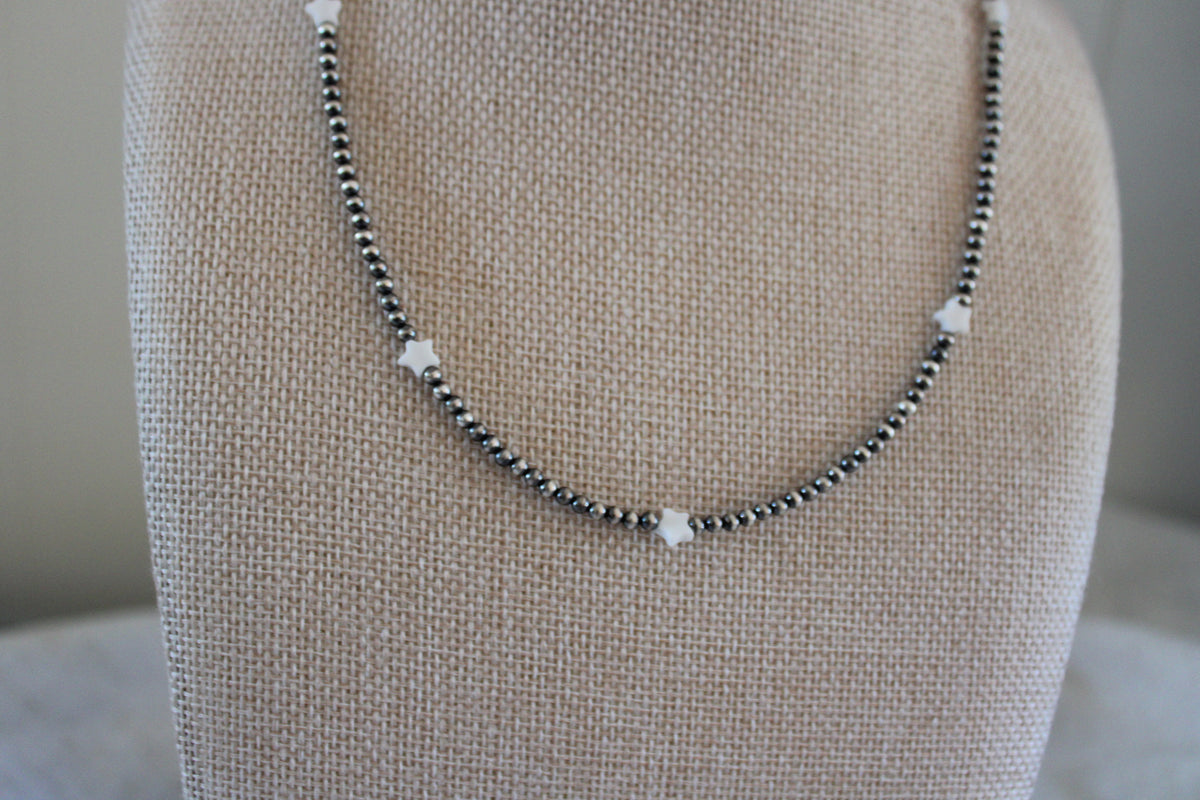 Sterling Silver Beaded Necklace with White Onyx Hearts