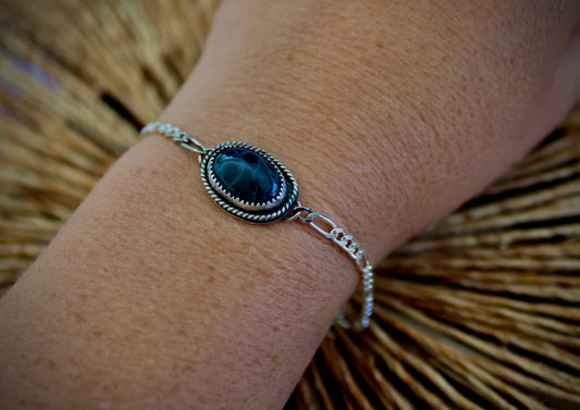 Obsidian Sterling Silver Bracelet with Figaro Chain