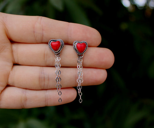 Red Howlite Heart Earring studs with tassel