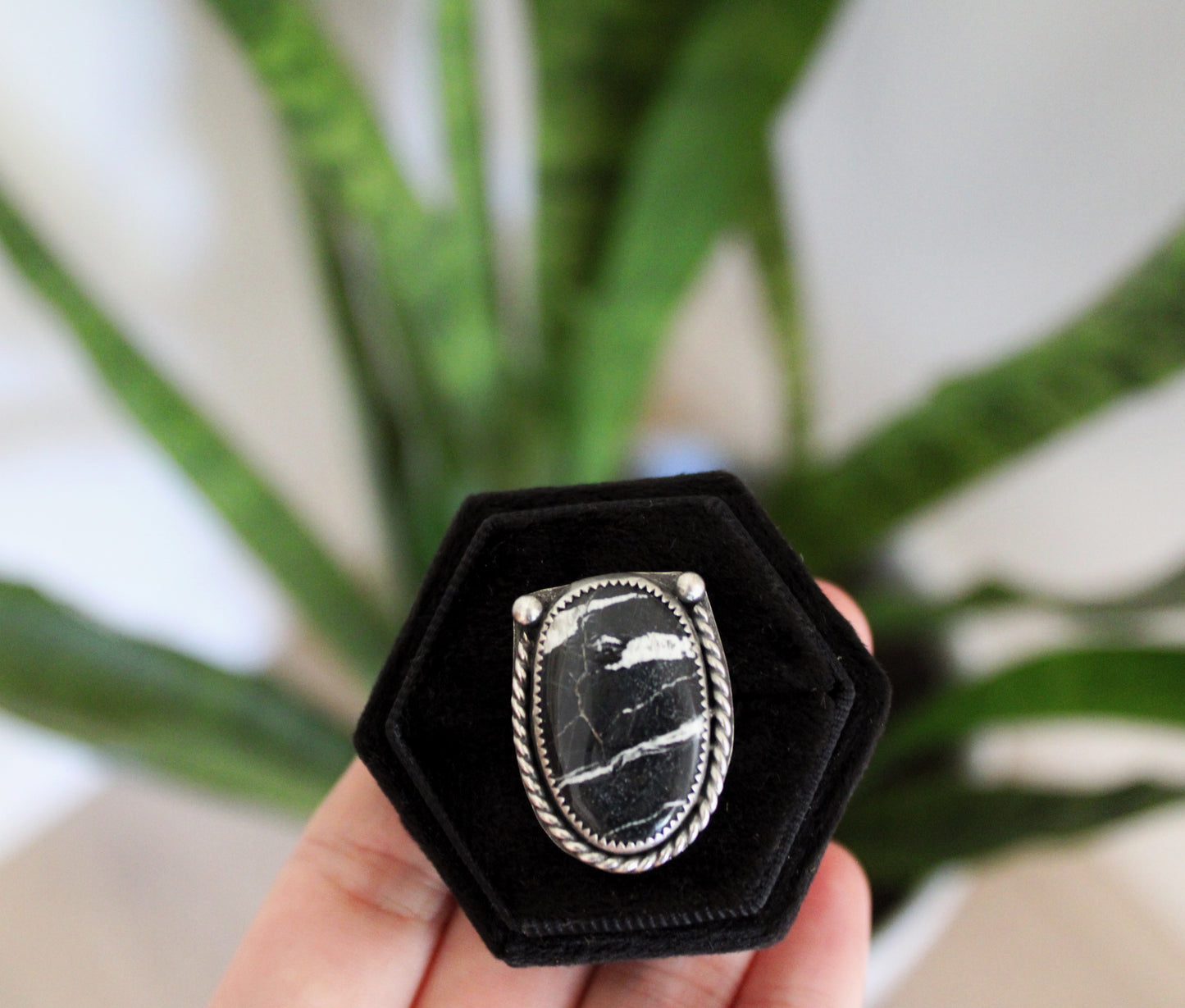 Size 7-White Buffalo Turquoise Sterling Silver Ring