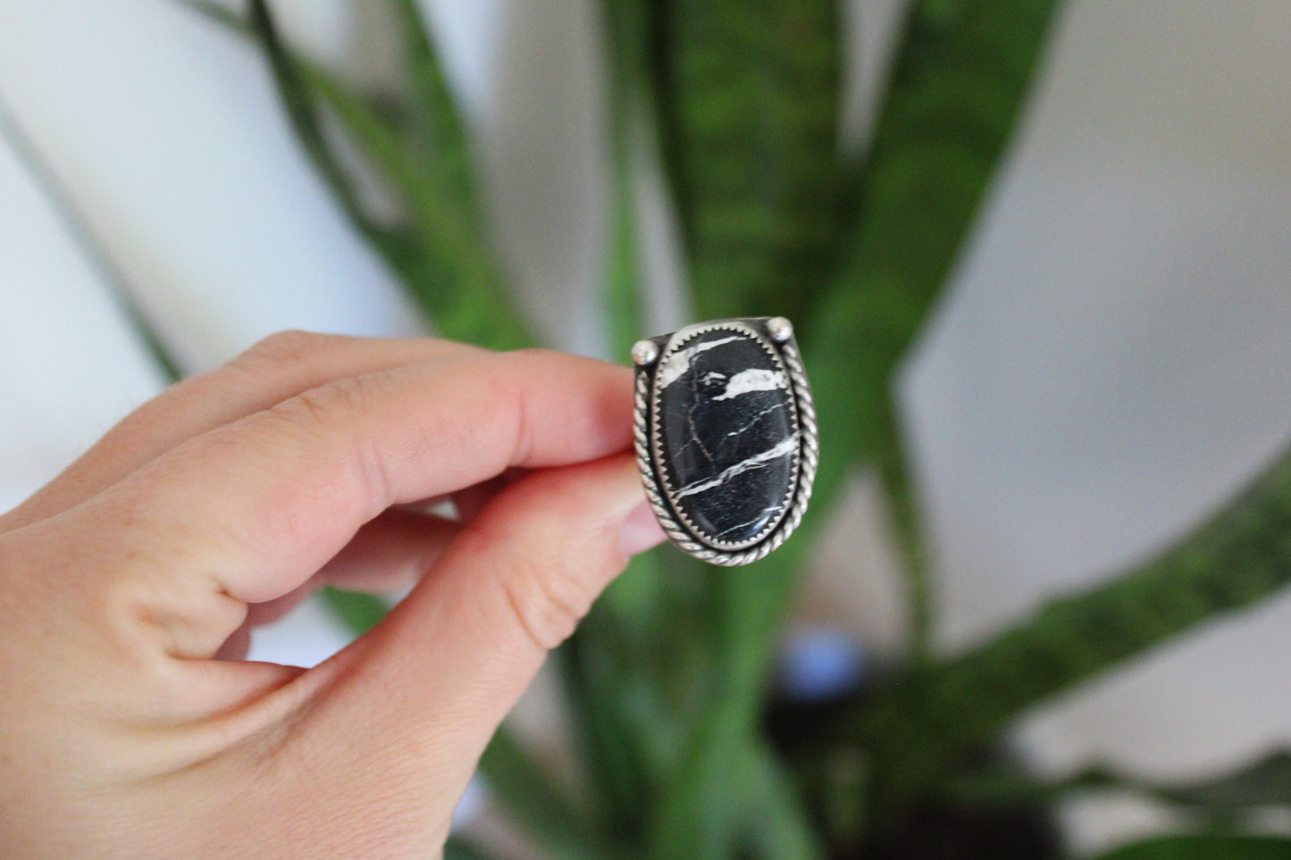 Size 7-White Buffalo Turquoise Sterling Silver Ring