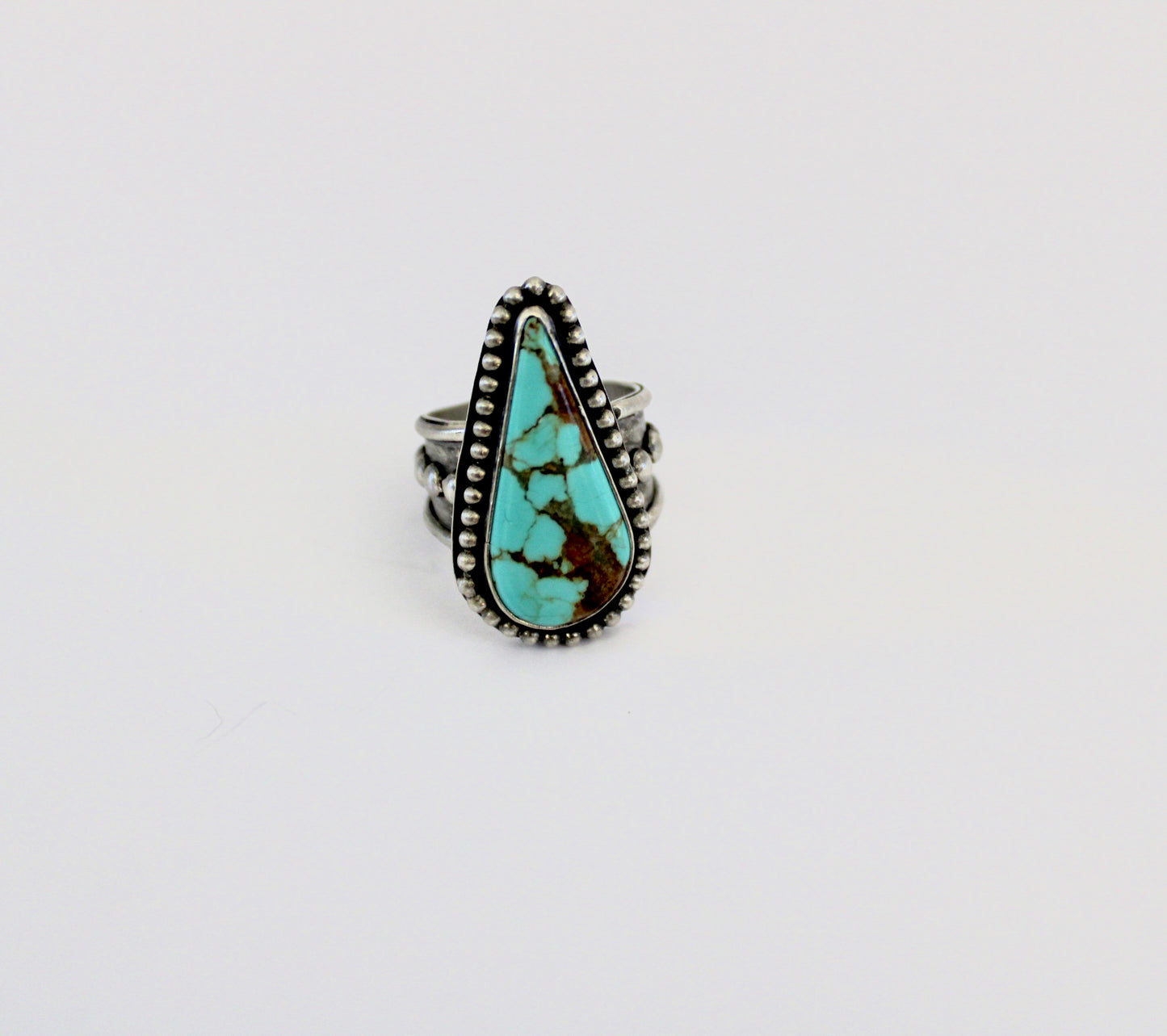 Number 8 Turquoise Ring on beaded ring shank- size 9