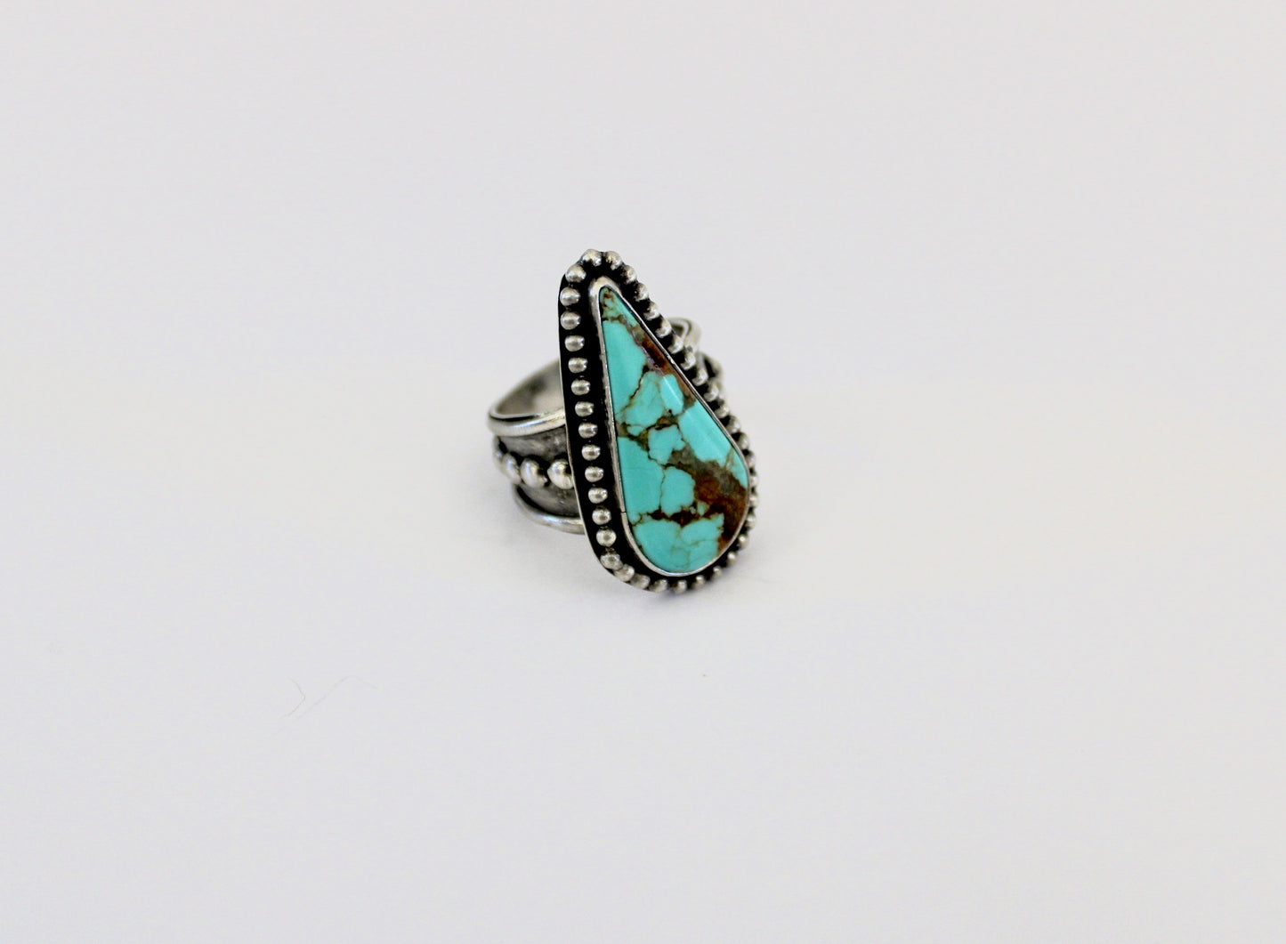 Number 8 Turquoise Ring on beaded ring shank- size 9