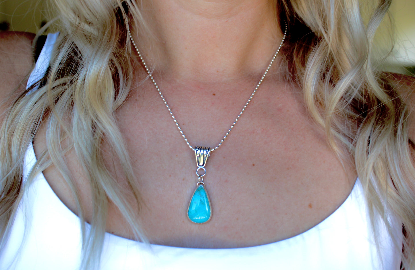 Royston Turquoise Pendant on beaded chain