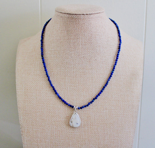 Lapis Lazuli Bead Necklace with White Buffalo Turquoise pendant