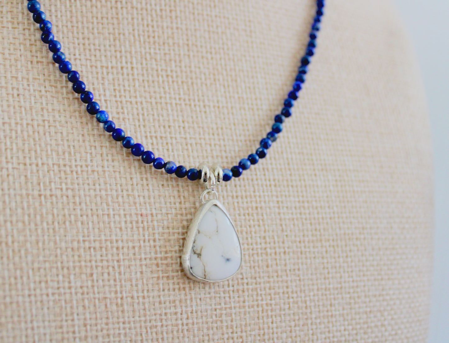 Lapis Lazuli Bead Necklace with White Buffalo Turquoise pendant