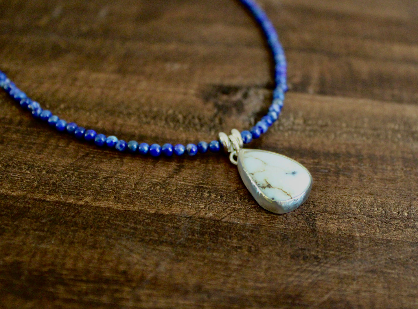Lapis Lazuli Bead Necklace with White Buffalo Turquoise pendant