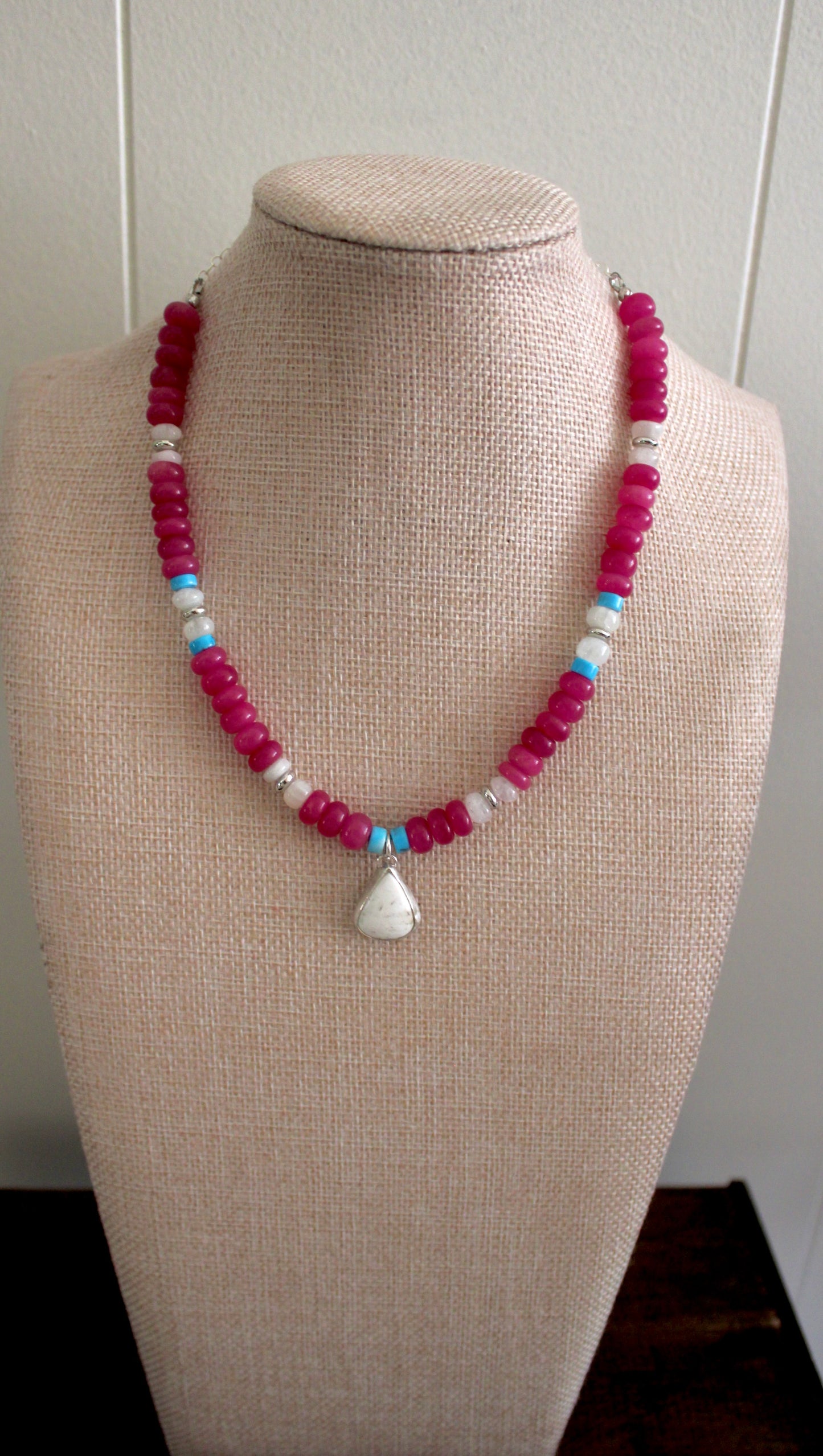 Ruby Jade beaded necklace with White Buffalo Turquoise Pendant