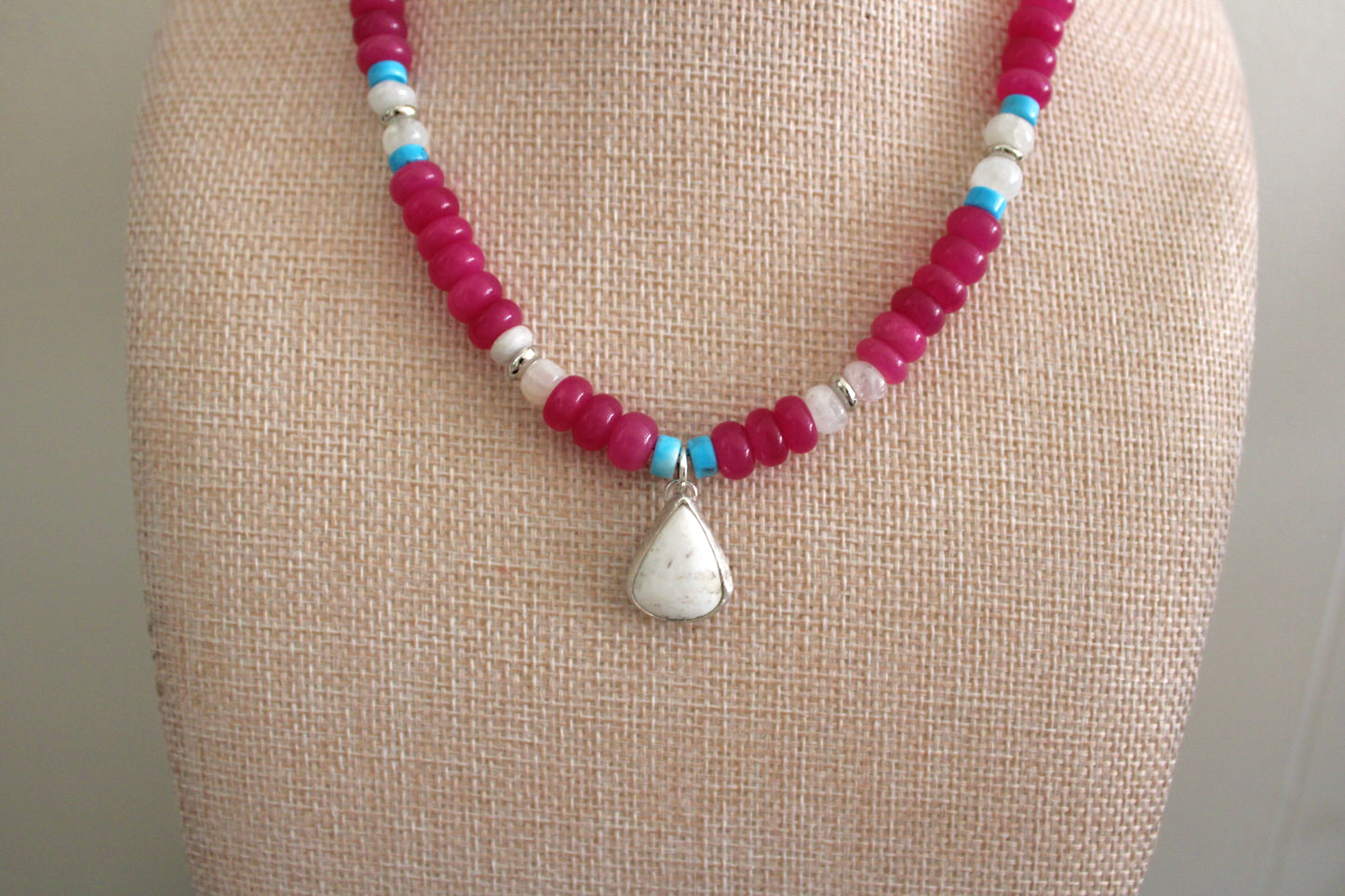 Ruby Jade beaded necklace with White Buffalo Turquoise Pendant