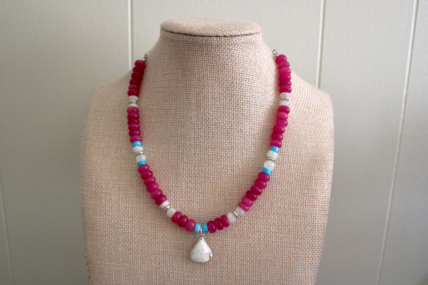 Ruby Jade beaded necklace with White Buffalo Turquoise Pendant