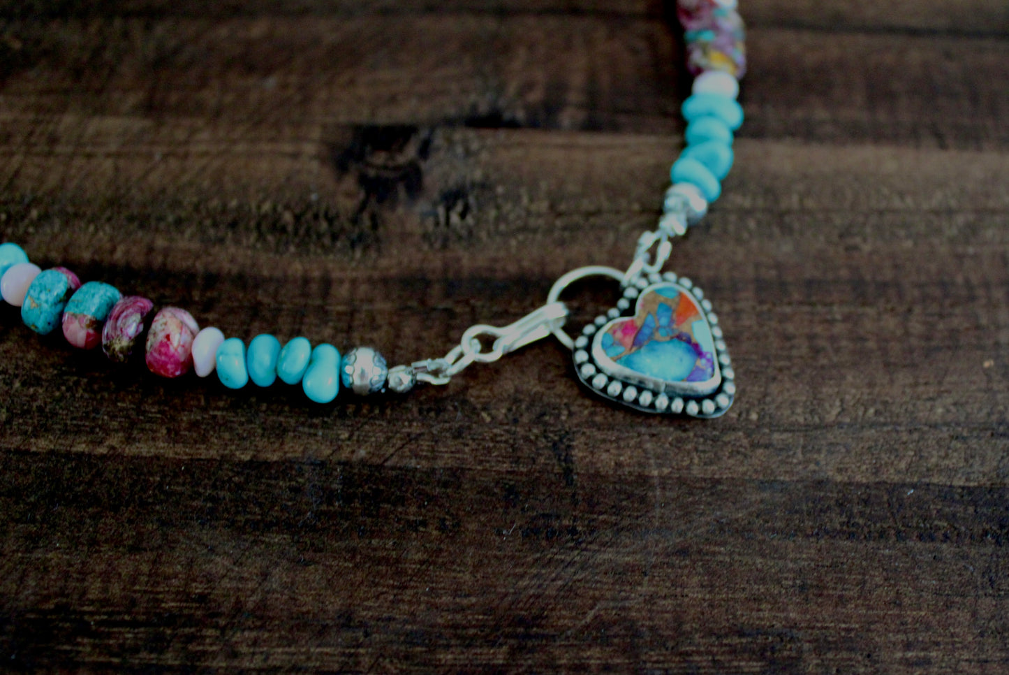 Pink Dahlia Turquoise heart on a Kingman and Pink Dahlia beaded chain