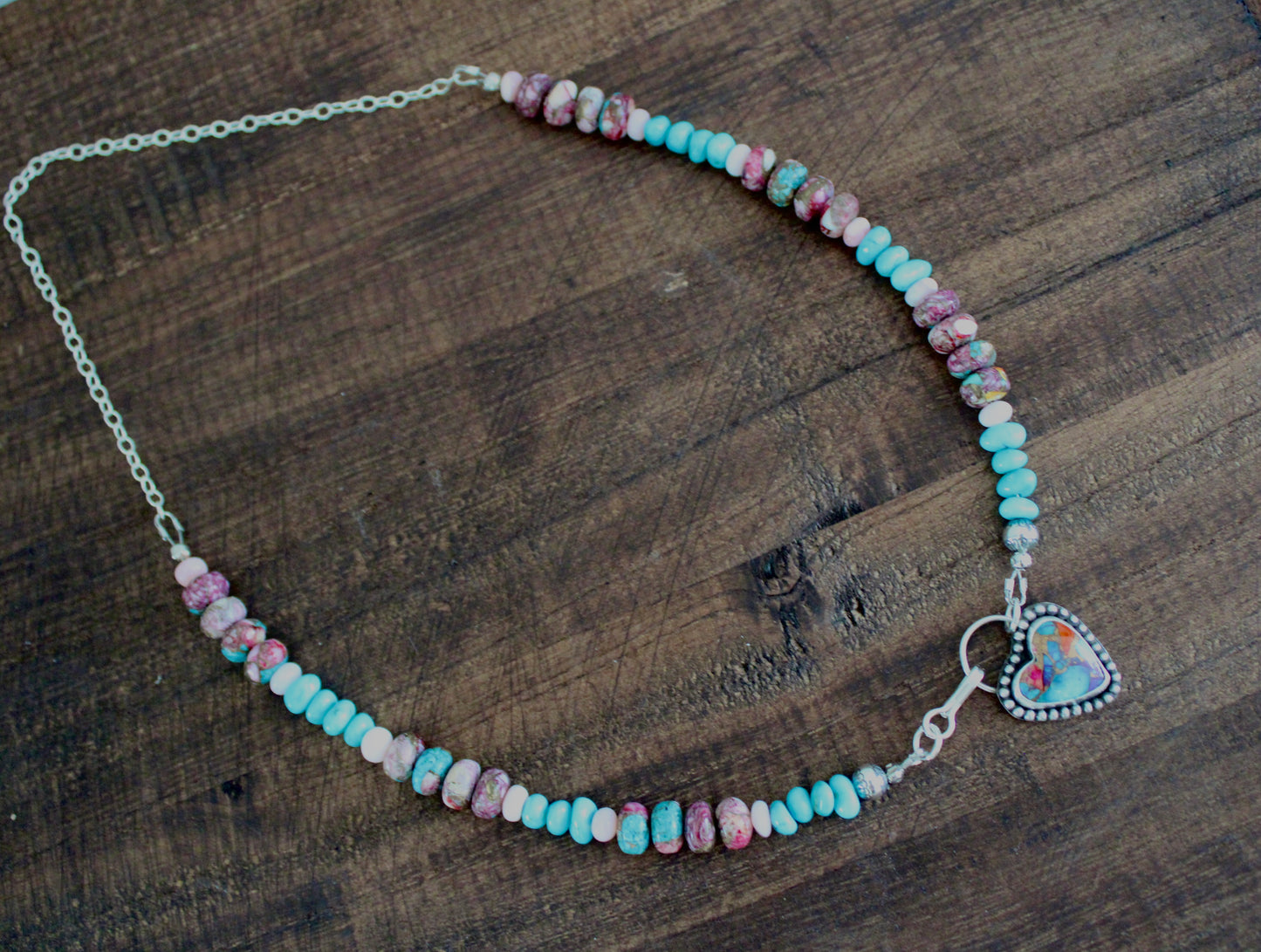 Pink Dahlia Turquoise heart on a Kingman and Pink Dahlia beaded chain